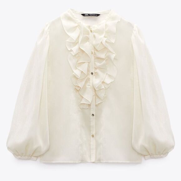 ZARA RUFFLED SEMI-SHEER TOP ECRU NWT - Picture 4 of 8